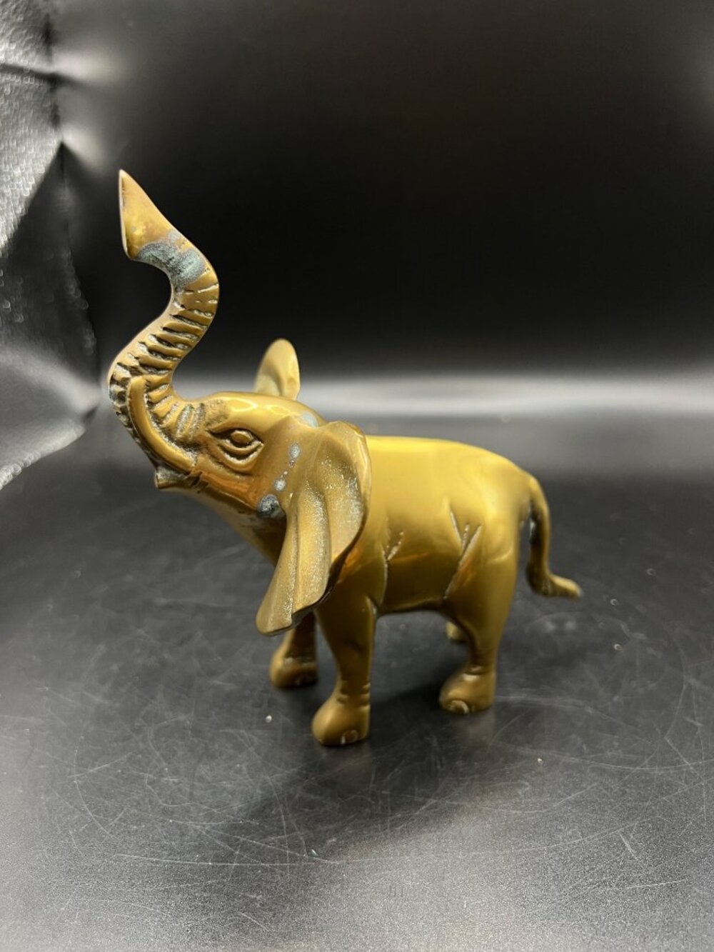 Brass Elephant Figurine Raised Trunk For Luck Made In Korea Vintage Patina